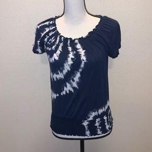INC International Concepts blue tie dye sequined short sleeve top smocked